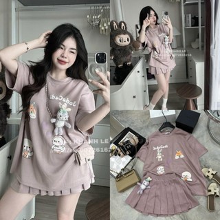 Sét bộ labu hồng đính thỏ rời ,sét bộ nỉ hàn labubu kèm quần short cạp chun size s m - halinh shop - sét nỉ hàn labubu