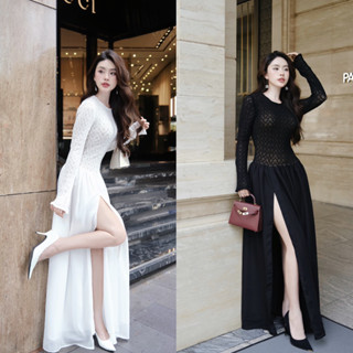 G.U - AMBER DRESS - Đầm maxi tùng voan thướt tha xẽ tà , thân trên len thun tay dài sang trọng