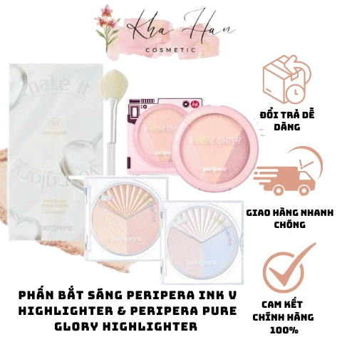 Phấn Bắt Sáng Peripera Ink V Highlighter & Peripera Pure Glory Highlighter (Tặng Kèm Cọ)