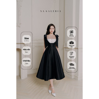 Váy nữ thiết kế cao cấp dáng dài, váy Taffeta phối đen trắng có nơ hai bên vai - ELISE MIDI DRESS - Sa Galeria
