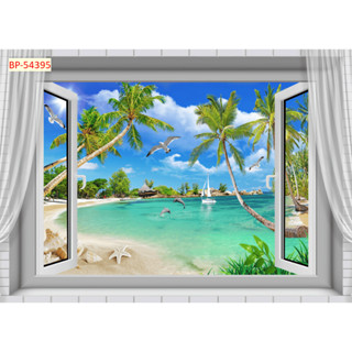  Tranh dán tường 3D cửa sổ. Tranh vải lụa cửa sổ phong cảnh 
