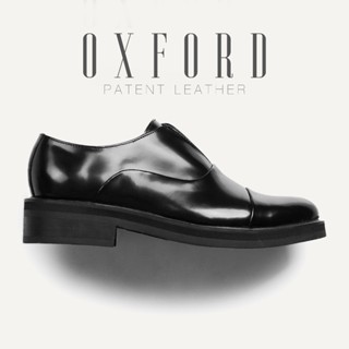 Giày tây nam màu đen bóng OXFORD PATENT da bò thật không dây slip on văn phòng, công sở tiện dụng TONKIN