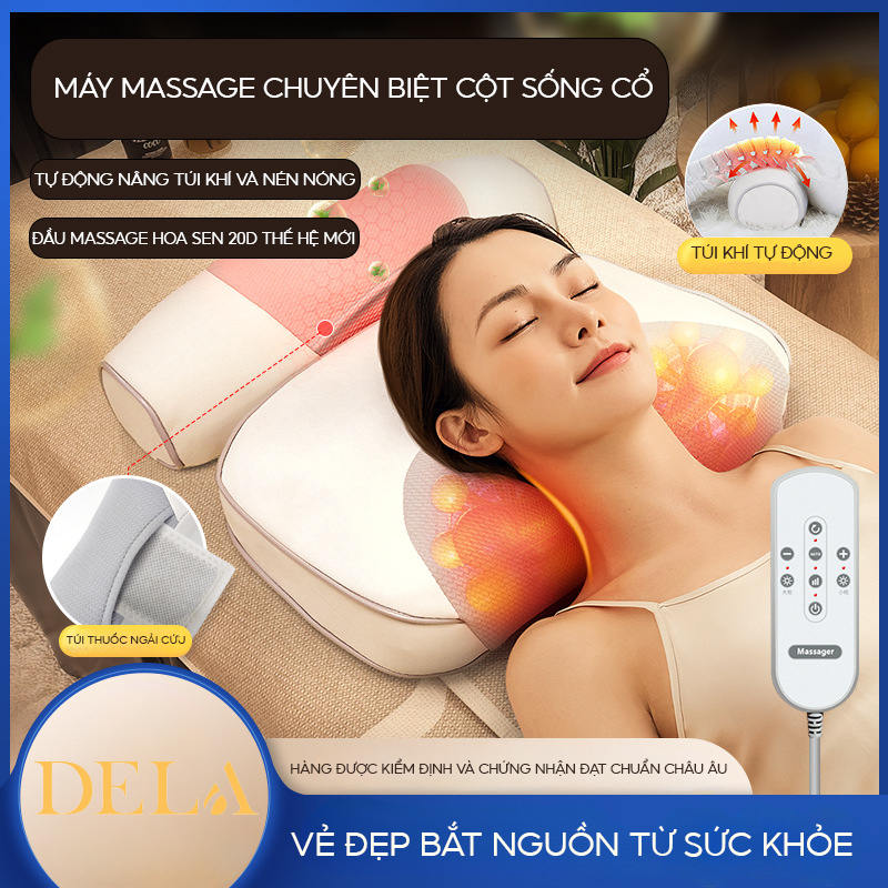 Gối Massage Cổ Vai Gáy DELADEP Đầu Massage 3D Hồng Ngoại Đảo Chiều Giúp Giảm Đau Nhức,Máy Mát Xa Đa Năng Toàn Thân GMC02