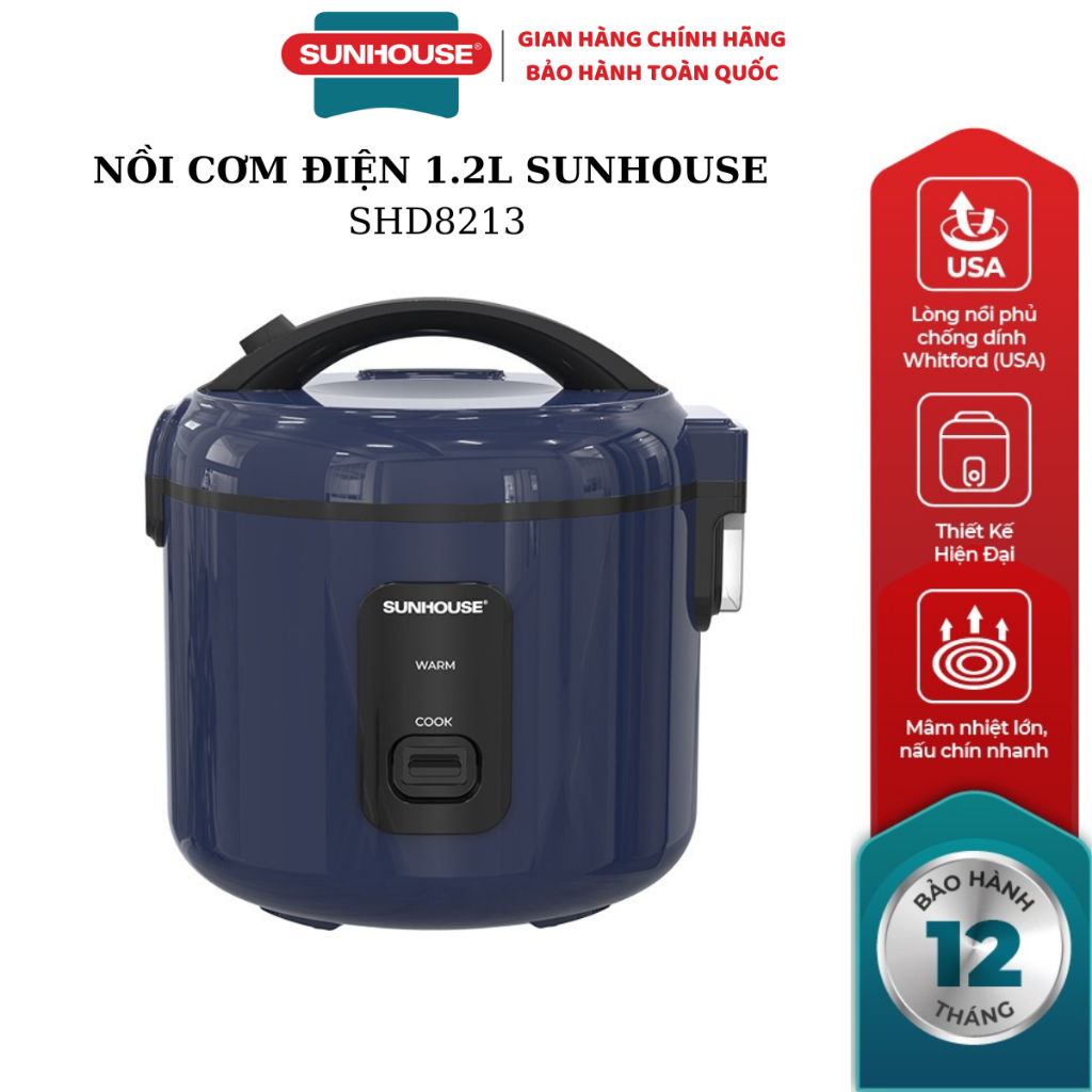 Nồi Cơm Điện SUNHOUSE SHD8213 1,2L - Công Suất 500W, Lòng Trong Dày 1,2mm Phủ Lớp Chống Dính Cao Cấp - bảo hành 12 tháng