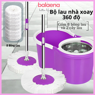 [MÃ ANCMAR GIẢM 15%]Thùng lau nhà 2 cây chổi và 9 bông lau thông minh 360 độ - Bộ lau nhà cao cấp cây inox kèm bông