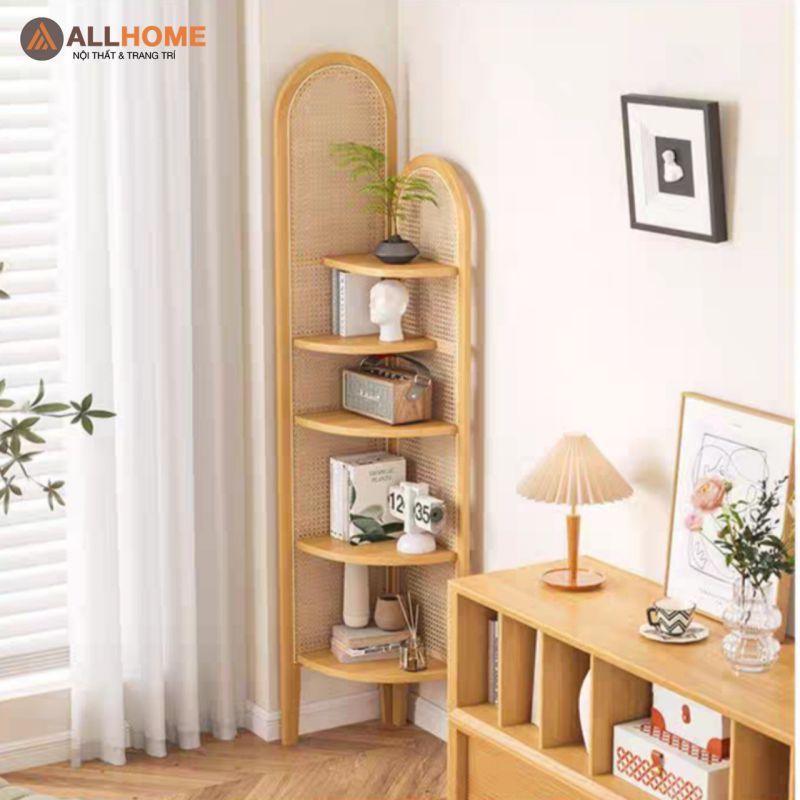 Giá sách, kệ góc decor ALLHOME chất liệu gỗ phối mây, trang trí nhà cửa nhiều màu sắc cao 180cm