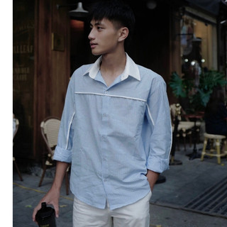 Áo sơ mi kẻ sọc xanh nam nữ form rộng tay dài jaate a07 kate cotton