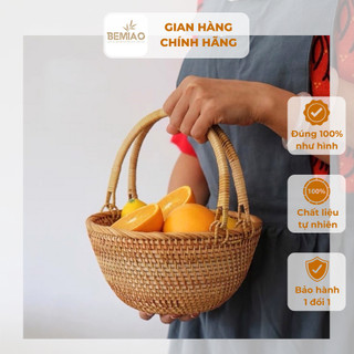 Giỏ mây tre đan BEMIAO giỏ decor trang trí nhà có quai xách giỏ đi picnic đựng đồ ăn hoa quả