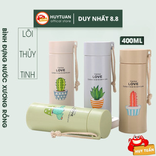 Bình đựng nước lõi thủy tinh họa tiết xương rồng dễ thương dung tích 400ml (BXR10)
