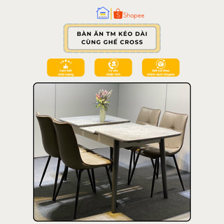 Bộ bàn ăn thông minh mặt đá K BẾP TỪ 1m4 kết hợp ghế Cross, bàn ăn mặt đá phiến bóng 4 ghế 6 ghế