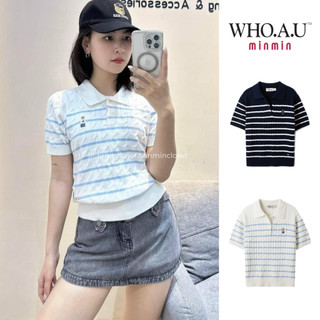 [AUTHENTIC 100%] Áo thun len nữ cổ đức Whoau chính hãng thêu gấu Steve kẻ ngang chất cotton cao cấp