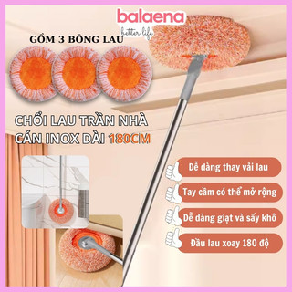 Chổi lau trần nhà 3 bông lau, chổi quét trần hình hướng dương dài 1m8 & 2m25 xoay 180 độ