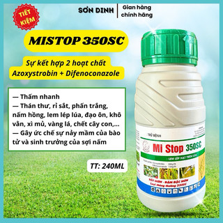Thuốc trừ nấm Mi Stop 350SC hoạt chất Azoxystrobin + Difenoconazole trừ đạo ôn lem lép lúa thán thư,phấn trắng cây trồng