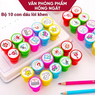 Bộ 10 con dấu lời khen thưởng tiếng anh bằng nhựa, đồ dùng giáo cụ dạy học trong học tập văn phòng phẩm GC32