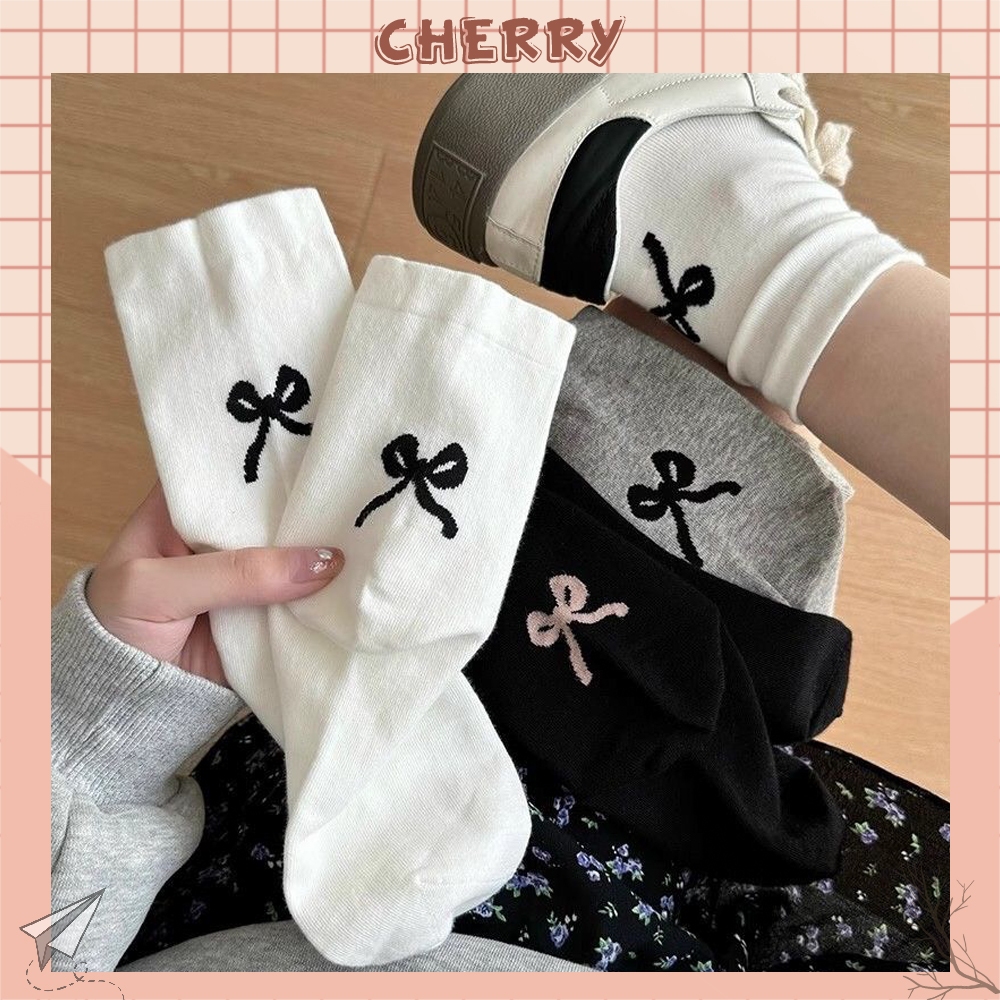 Tất nữ cổ cao thêu nơ xinh xắn, tất CHERRY chất liệu cotton co dãn thoáng khí - Cherry shop