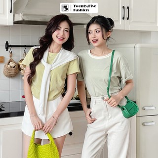 Áo thun nữ Twentyfive ngắn tay cổ tròn phối viền màu, in họa tiết chữ 5868