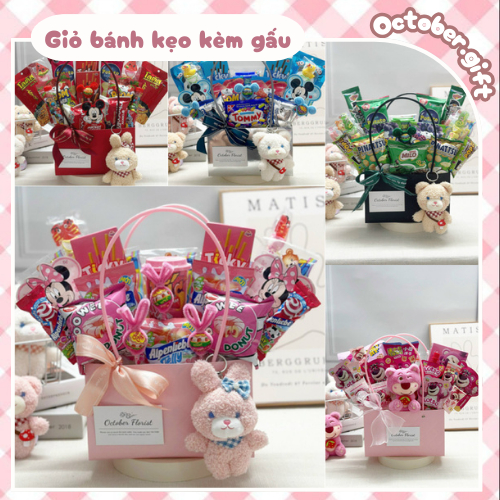 [GIỎ QUÀ GẤU] Giỏ Bánh Kẹo Cỡ Lớn Kèm Móc Gấu Bông Cute (kt 40x40) - Quà Tặng Cho Bé. Kỉ Niệm. Sinh Nhật. Tặng Người Yêu