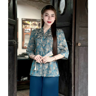 Quần áo đi lễ chùa, Đồ lam pháp phục đi lễ cổ V lụa tằm nhẹ nhàng thanh lịch