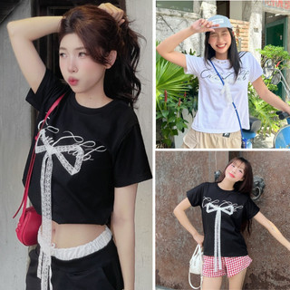  Áo baby tee nữ dáng ôm body áo thun in chữ Calem Club phối nơ ren dài chất liệu cotton thoáng mát 