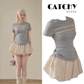 Set áo dệt kim xám phối viền ren nơ thắt eo tôn dáng mix chân váy tùng bí kem có lót CATCHYSTORE