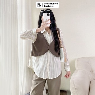 Áo sơ mi nữ Twentyfive dài tay kẻ dọc, thiết kế 2 vạt phía trước 6090