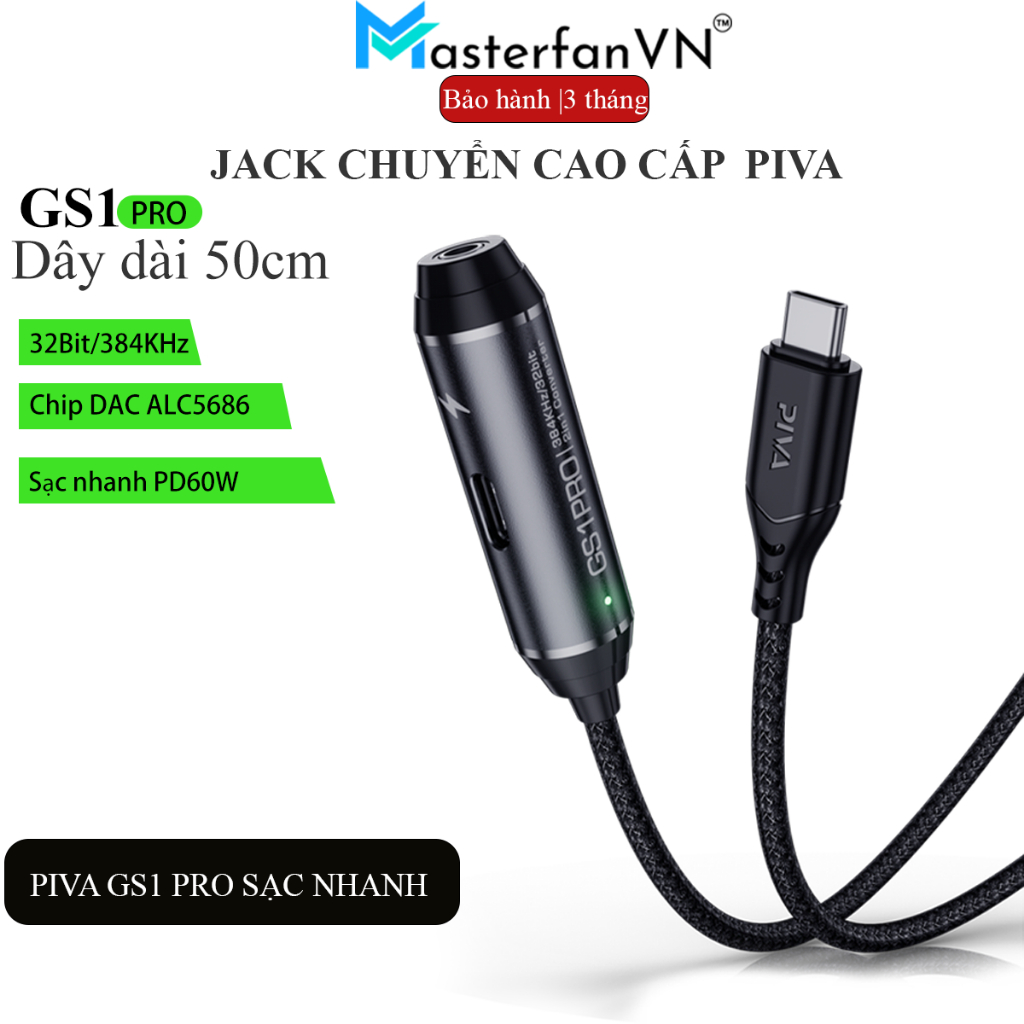 Jack chuyển đổi TypeC 2 in 1 Piva GS1 Pro Cổng chuyển đổi Type-C to 3.5mm hỗ trợ sạc nhanh PD 60W có