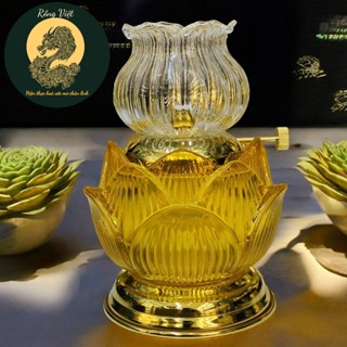[THẦNTÀI] Đèn dầu hoa sen pha lê RỒNG VIỆT, Đèn lưu ly sang trọng có hai màu vàng trắng chân đồng