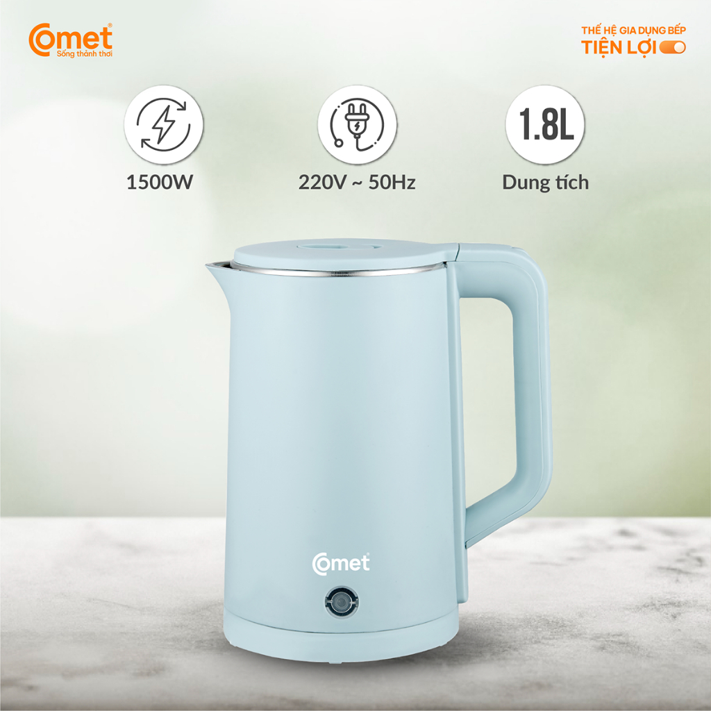 [Hỏa tốc HCM] Bình đun siêu tốc 2 lớp 1.8L màu xanh mint COMET - CM8226