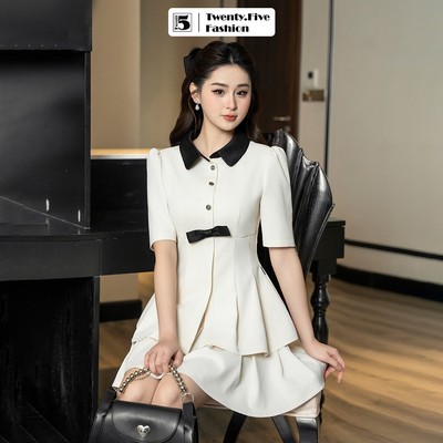 Set áo sơ mi nữ Twentyfive đính nơ phong cách tiểu thư và chân váy xếp ly xòe AL07CL04 (Tách set)