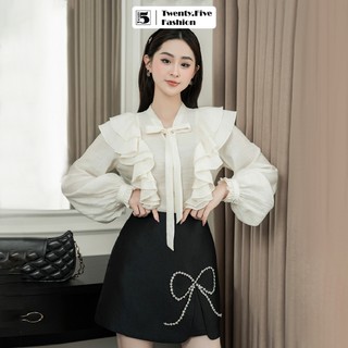 Chân váy nữ Twentyfive dáng A ngắn đính nơ đá vải tafta có lót quần CA09