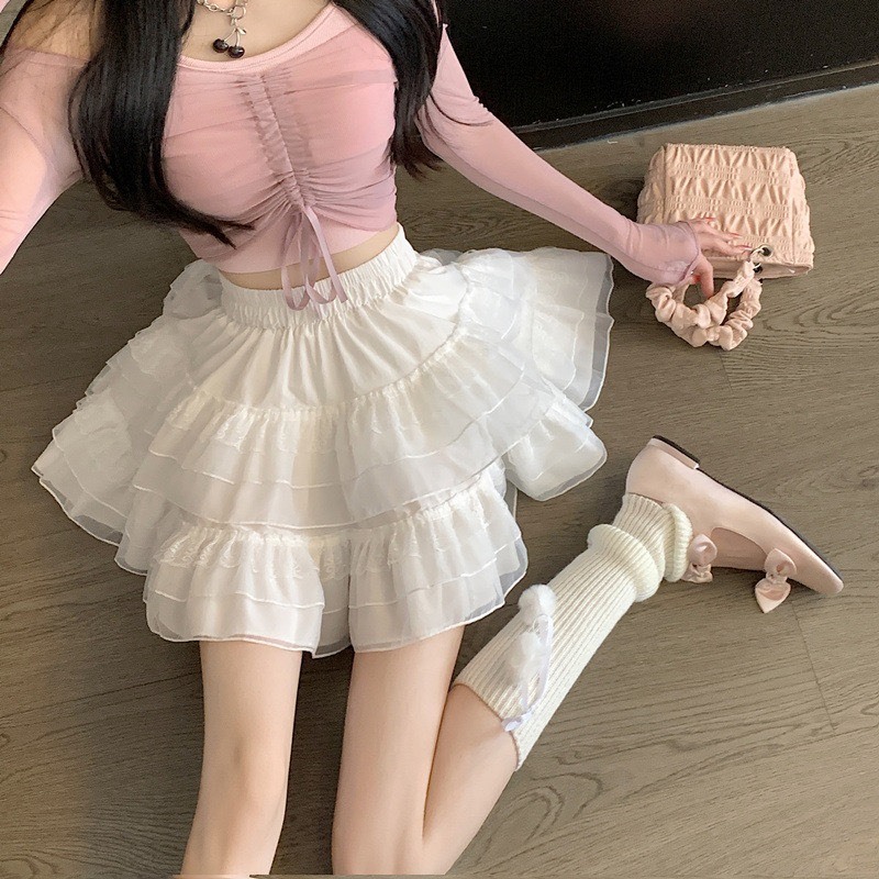 chân váy ren xòe chân váy ren trắng 2 tầng chân váy ngắn cạp cao chun co giãn phối ren bánh bèo tiểu thư CV239 SUTANO | BigBuy360 - bigbuy360.vn
