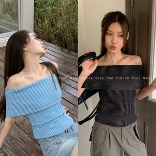 (sẵn ) Áo trễ vai chất thun cotton mềm mịn họa tiết kẻ ngang màu đen và xanh thời trang nữ ATV001 - Tiktik