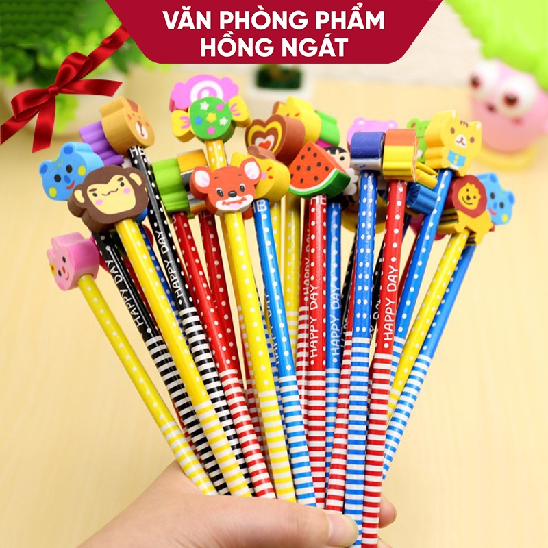 Combo 10 Bút chì gỗ cute đầu tẩy hoạt hình, đồ dùng học tập dễ thương văn phòng phẩm quà tặng học sinh B38