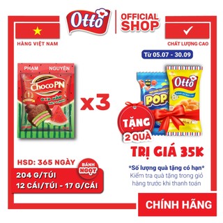 Combo 3 Túi Bánh phủ socola Choco PN Dưa Hấu 204g | Bánh ăn vặt Socola | Đồ ăn vặt