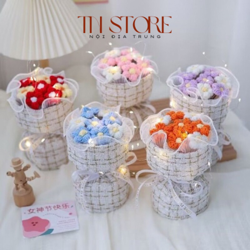   Kèm túi đèn thiệp  Bó hoa đan len dệt kim thích hợp quà tặng sinh nhật 8 3 quốc tế phụ nữ phụ nữ Việt Nam ngày lễ 