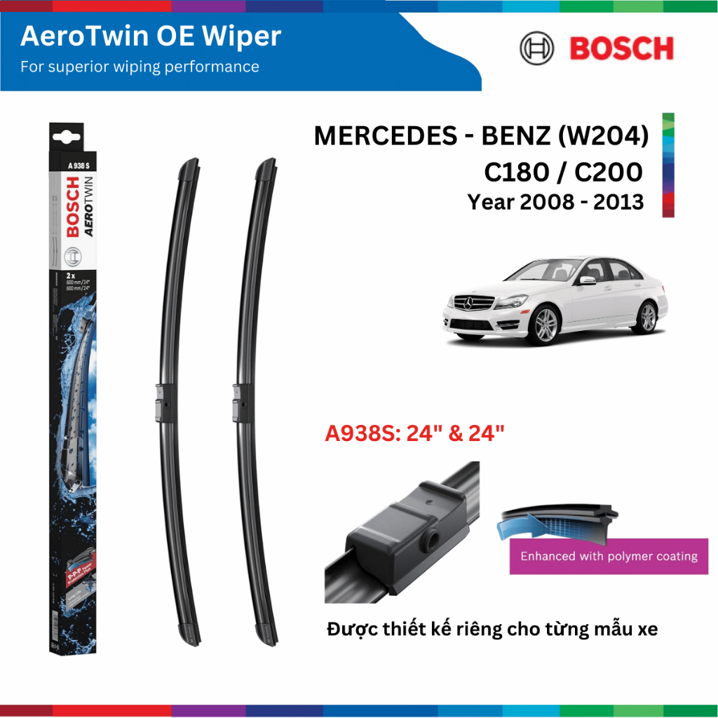 Bộ gạt mưa BOSCH AeroTwin OE Set A843S: 22" & 22", MERCEDES Benz C180 đời xe 2008 đến nay