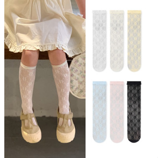 Tất Ren dài đến gối cho bé vớ lưới in hình họa tiết hoa chìm tiểu thư cho bé