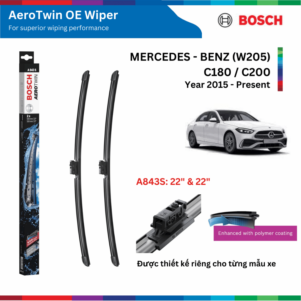 Bộ gạt mưa BOSCH AEROTWIN EURO SET A843S 22" & 22" xe MERCEDES BENZ C200 đời 2008 đến nay