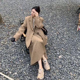 Set Bộ Dạ Áo Khoác Blazer Phối Chân Váy Dáng Dài Màu Nâu Tây Phong Cách Thu Đông Sang Chảnh_Hàng Order QCCC