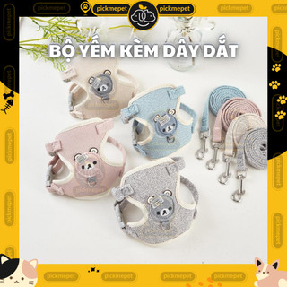 Bộ yếm dắt thú cưng, dây dắt chó mèo dạng yếm hình mặt gấu dễ thương, thoáng khí