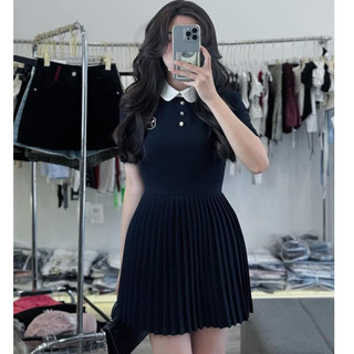 [XẢ KHO] Váy Polo Tuyết Mưa Thêu Nơ Cổ Phối Trắng Phối Chân Dập Ly Hàng 2 Lớp Dày Dặn (có độn vai, có lót quần)