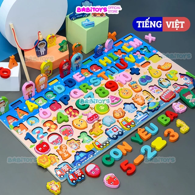 [TIẾNG VIỆT] Bộ bảng gỗ câu cá học chữ, học số, ghép hình học động vật, trái cây đồ chơi phát triển trí tuệ cho bé