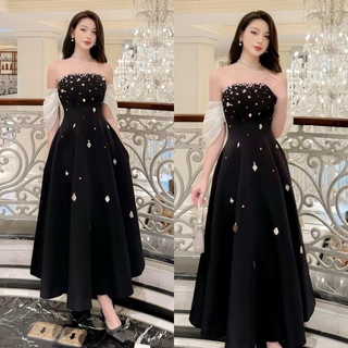BIGSIZETIX D109 Đầm dự tiệc tiểu thư cúp ngực dáng dài thiết kế trễ vai phối voan đính đá ombre sang chảnh 50-90kg
