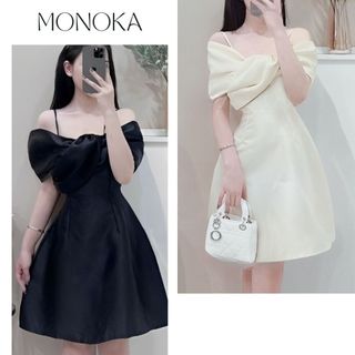 Váy tiểu thư chất Tafta 2 dây trễ vai xoắn nơ ngực dáng xòe Đầm dự tiệc sang trọng dáng xòe ngắn bánh bèo T417G MONOKA