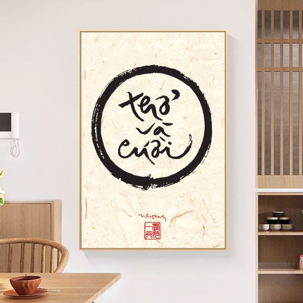 Tranh canvas treo tường thư pháp TS Thích Nhất Hạnh - KT 50x70 - Khung Be - Tranh thư pháp Làng mai