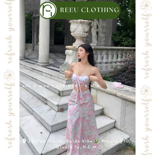 (SẴN S) set 2 món áo cúp ngực và chân váy dây rút xoè hoạ tiết hoa đi biển dáng dài maxi màu hồng cột nơ (M000013)