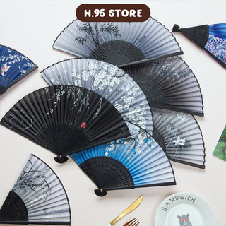 Quạt xếp cổ trang vải lụa cầm tay gấp nhỏ gọn in 1 mặt phong cách Trung Quốc (50 mẫu)