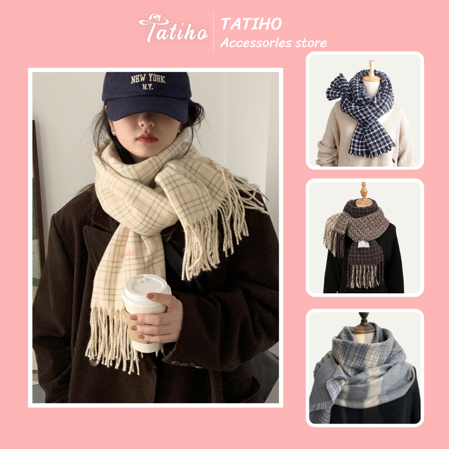 Khăn len choàng cổ unisex, Khăn cashmere họa tiết caro chất dày dặn phong cách đơn giản thời trang thu đông - Mã LN005