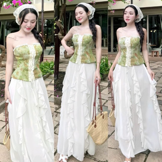 [New Deal] Set Đầm Maxi Đi Biển ,Váy Đi Chơi Gấm Hoạ Tiết Thêu Thổ Cẩm Chân Váy Bèo Vintage Nàng Thơ Chill Loại cao cấp