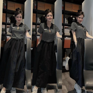 Váy đầm nữ kẻ ngang đen trắng phối khóa cổ đức thêu chữ jilsander vạt đen xòe dài freesize